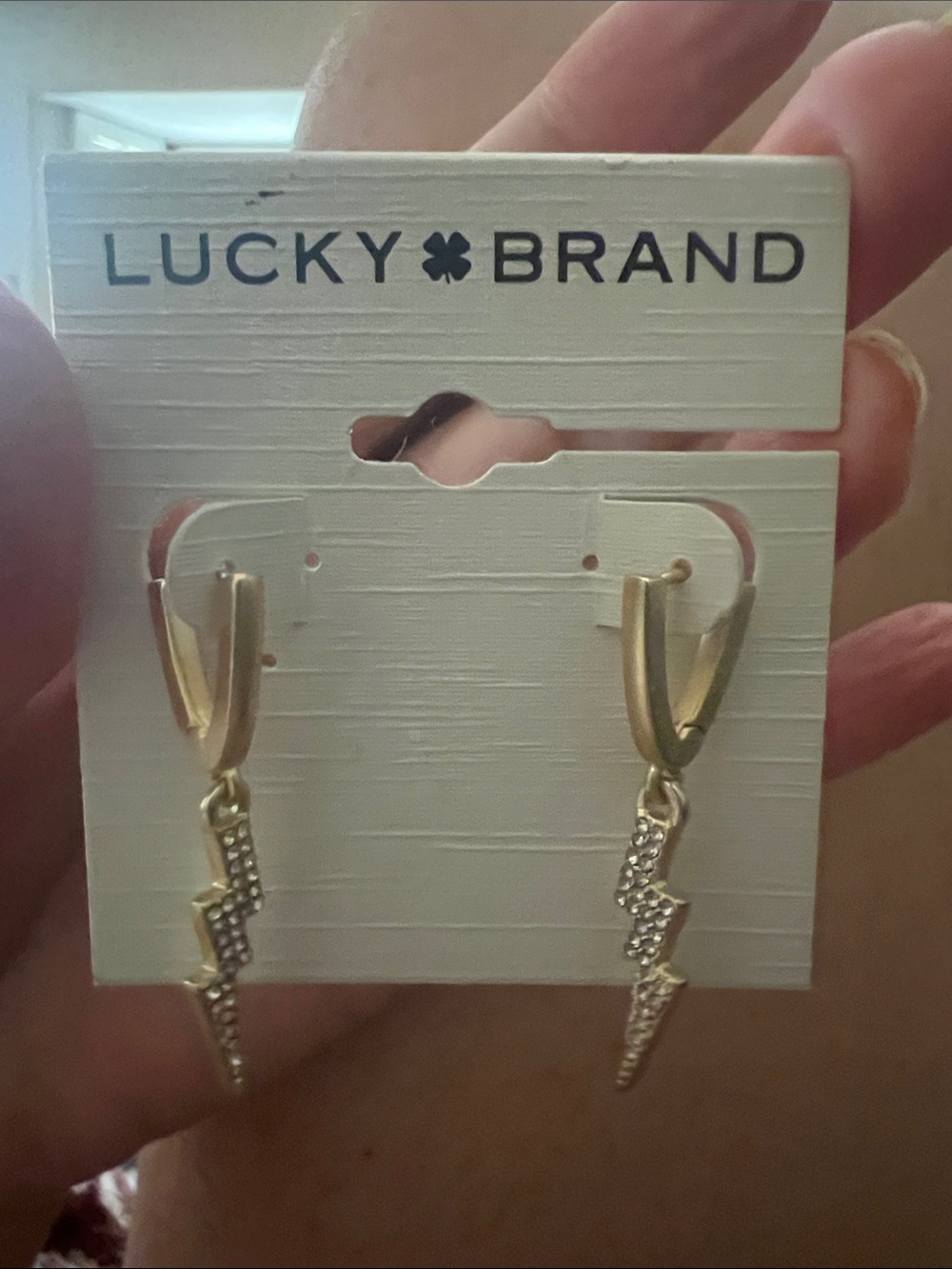 Lucky Brand Gold Crystal Lightning Bolt Drop Huggie Earrings
